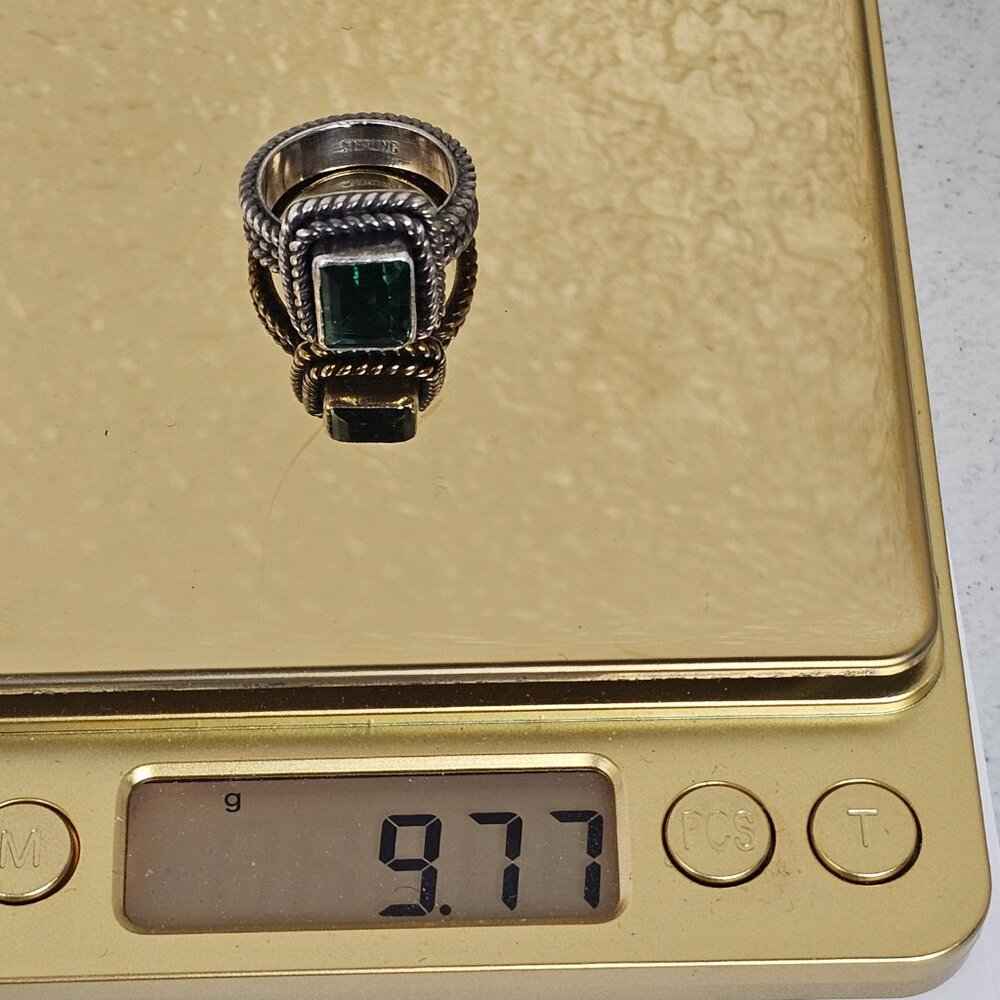 Vtg Sterling Silver Green Quartz Ring Size 7 Square Textured Rope Band Chunky - Picture 14 of 16